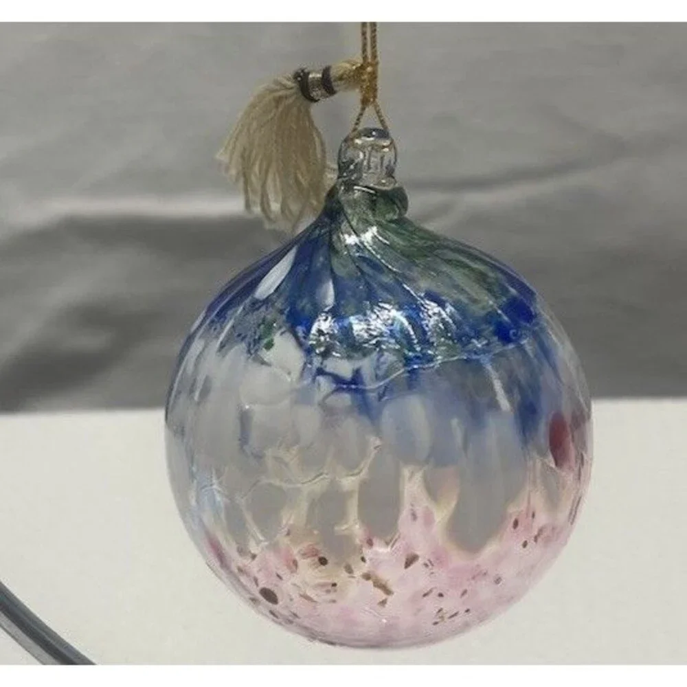 Hand Blown Art Glass Hanging Ball Swirl Patriotic Orb Ornament Sun Catcher NICE!